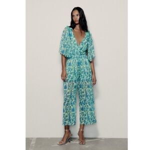 ZARA Fluid Printed Long Jumpsuit – Green/Blue Floral (Size M)